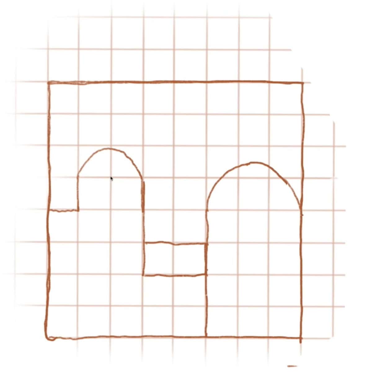 A hand-drawn, asymmetrical geometric shape resembling a face is sketched on a grid background. The shape includes two arch-like forms for eyes and a rectangle for a mouth, reminiscent of garden design basics with its structured yet freeform style. The grid consists of evenly spaced vertical and horizontal lines.